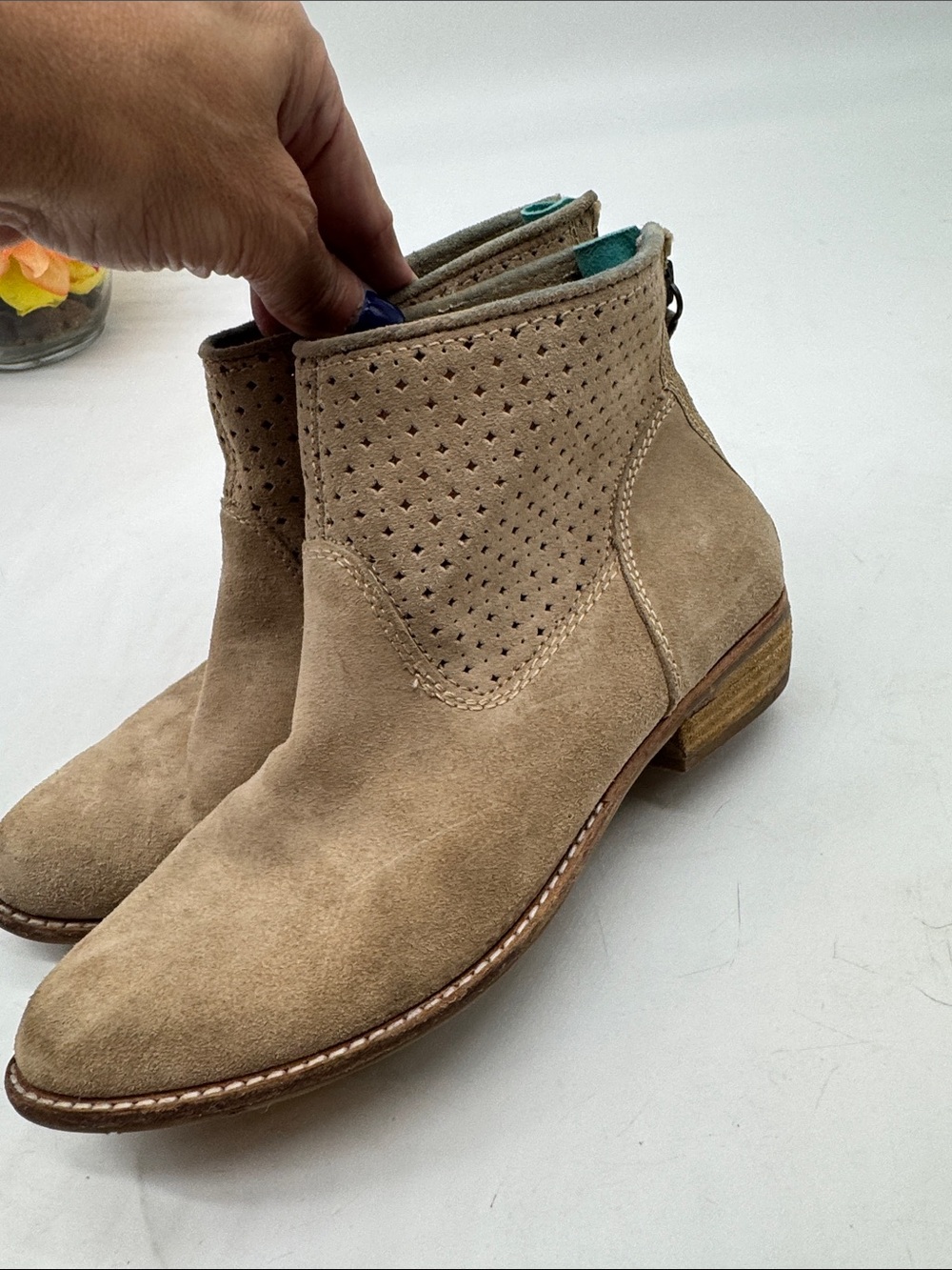 DV Dolce Vita Women's Taupe Suede Ankle Booties - Perforated Design Size 6.5